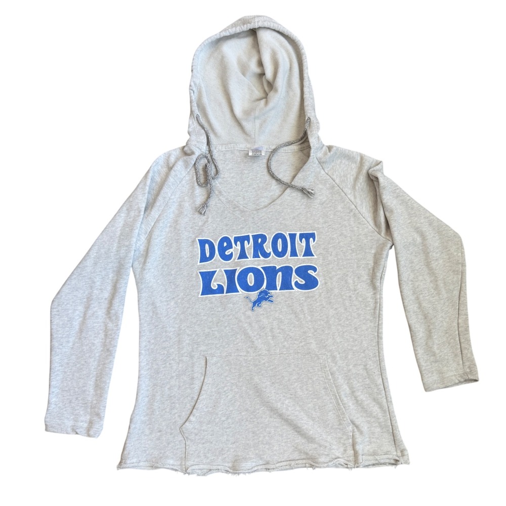NFL Team‎ Apparel Detroit Lions Womens Heather Grey V-Neck Hoodie Raw Hem L